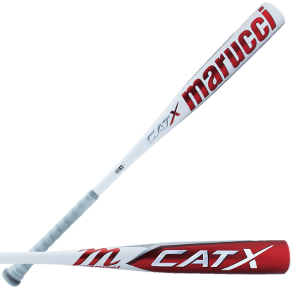 Marucci CATX BBCOR -3 baseball bat with a sleek design featuring red and white colors and a grip-enhancing handle.