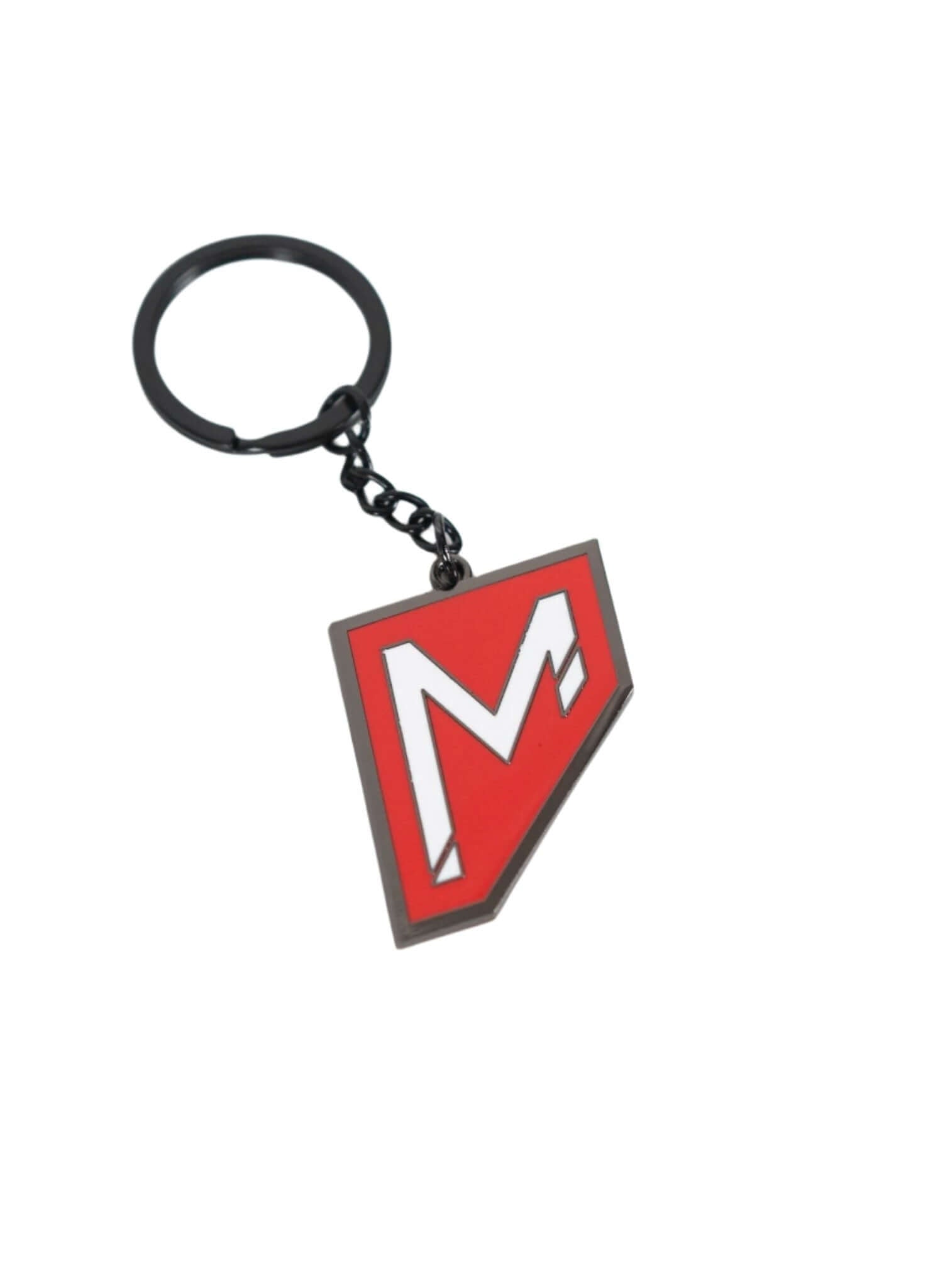 Momentum Keychain with red enamel logo on a sturdy black metal keyring, designed for durability and style.