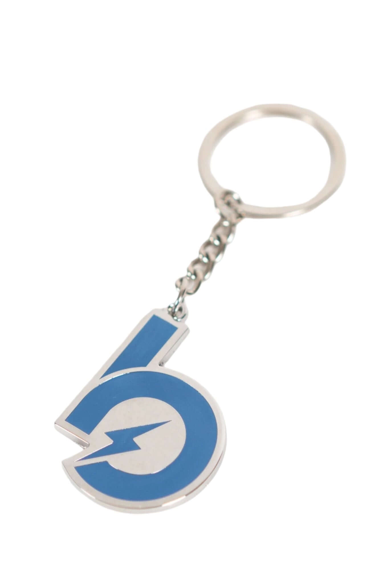 Bauer Outage Keychain featuring a blue lightning design, made of metal and enamel, perfect for collectors and fans.