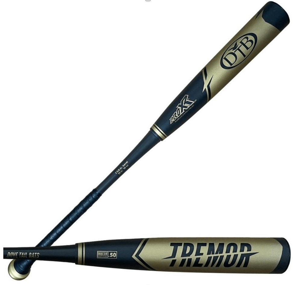 Dove Tail Bats The Tremor BBCOR Metal Bat with ProXR technology in black and gold, available in 31-34 inch lengths.