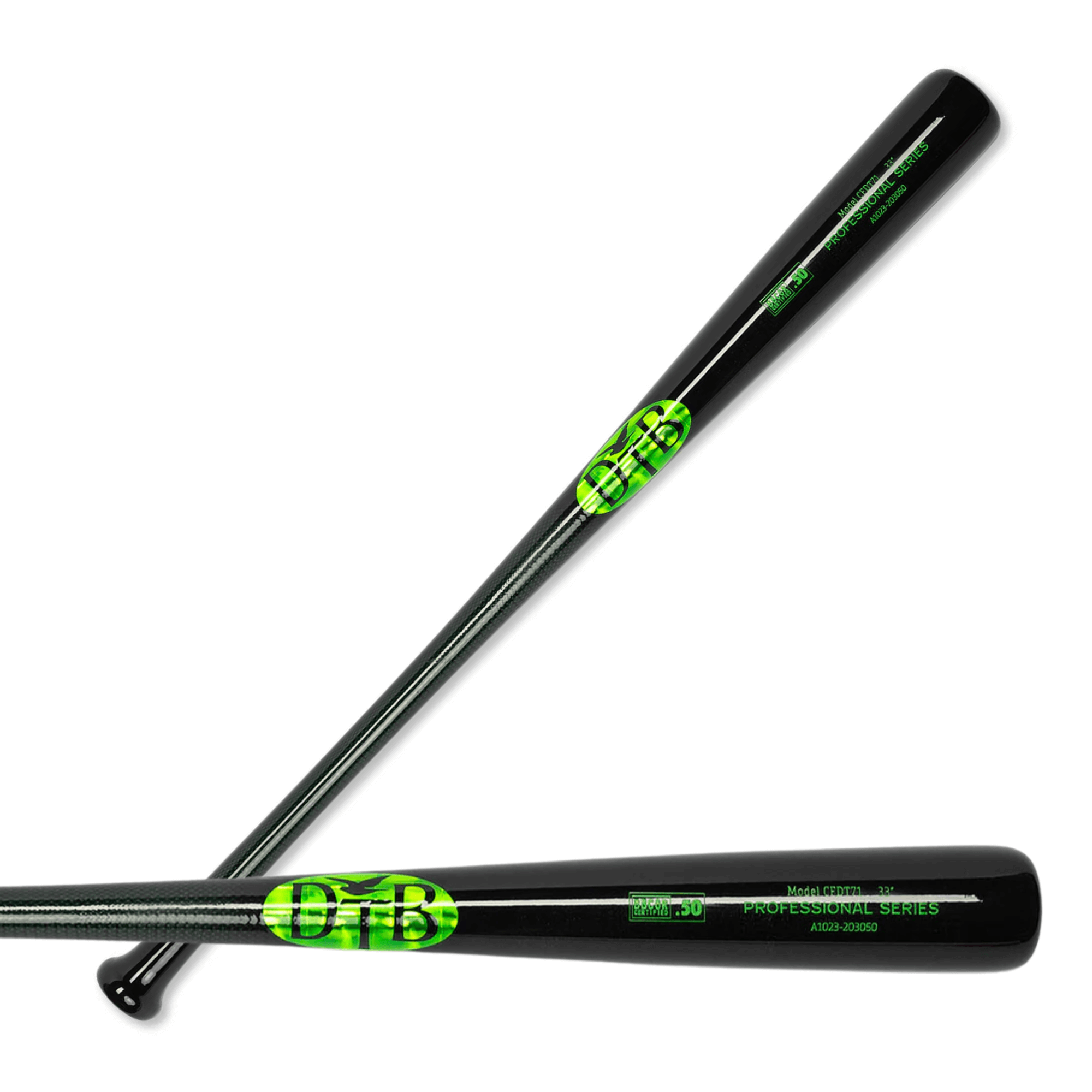 Dove Tail Bats CF911SD carbon reinforced wood bat featuring sleek black finish and vibrant green logo.