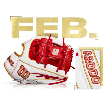 Wilson A2000 1786 SS glove in red and white, featuring February GOTM design and logo display.