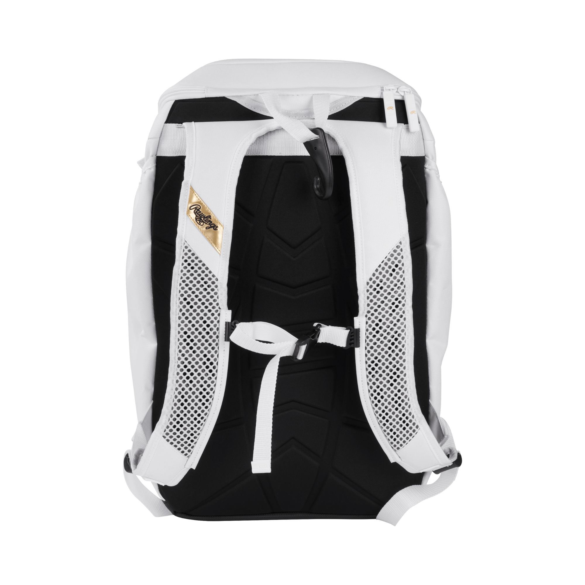 Back view of Rawlings Gold Collection Backpack featuring sturdy straps and gold logo