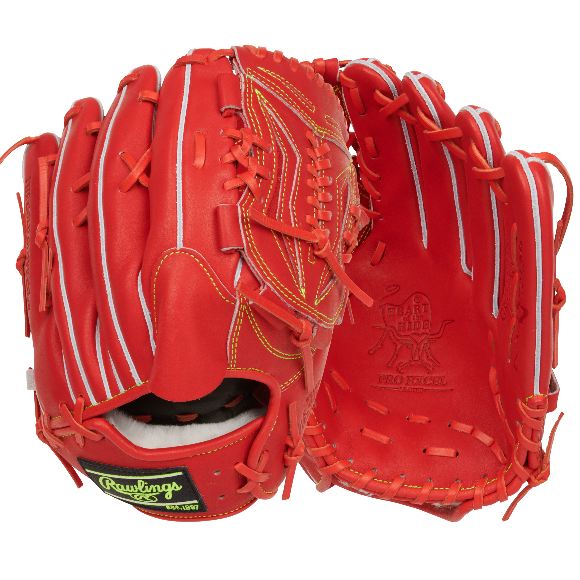 Back and palm view of Rawlings Heart of the Hide Japan Series 11.75" Red Orange glove.