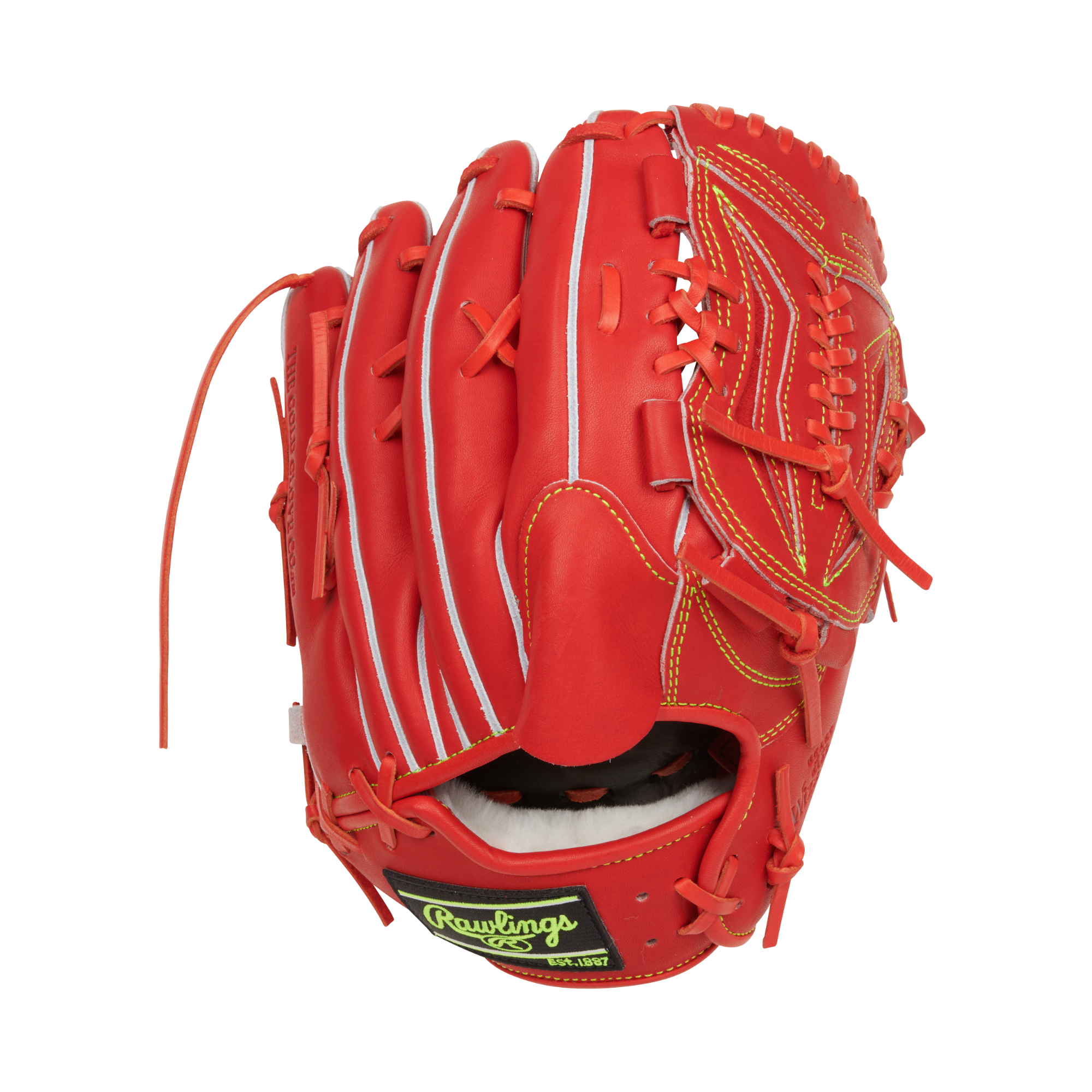 Backhand view of Rawlings Heart of the Hide Japan Series 11.75" Red Orange glove.