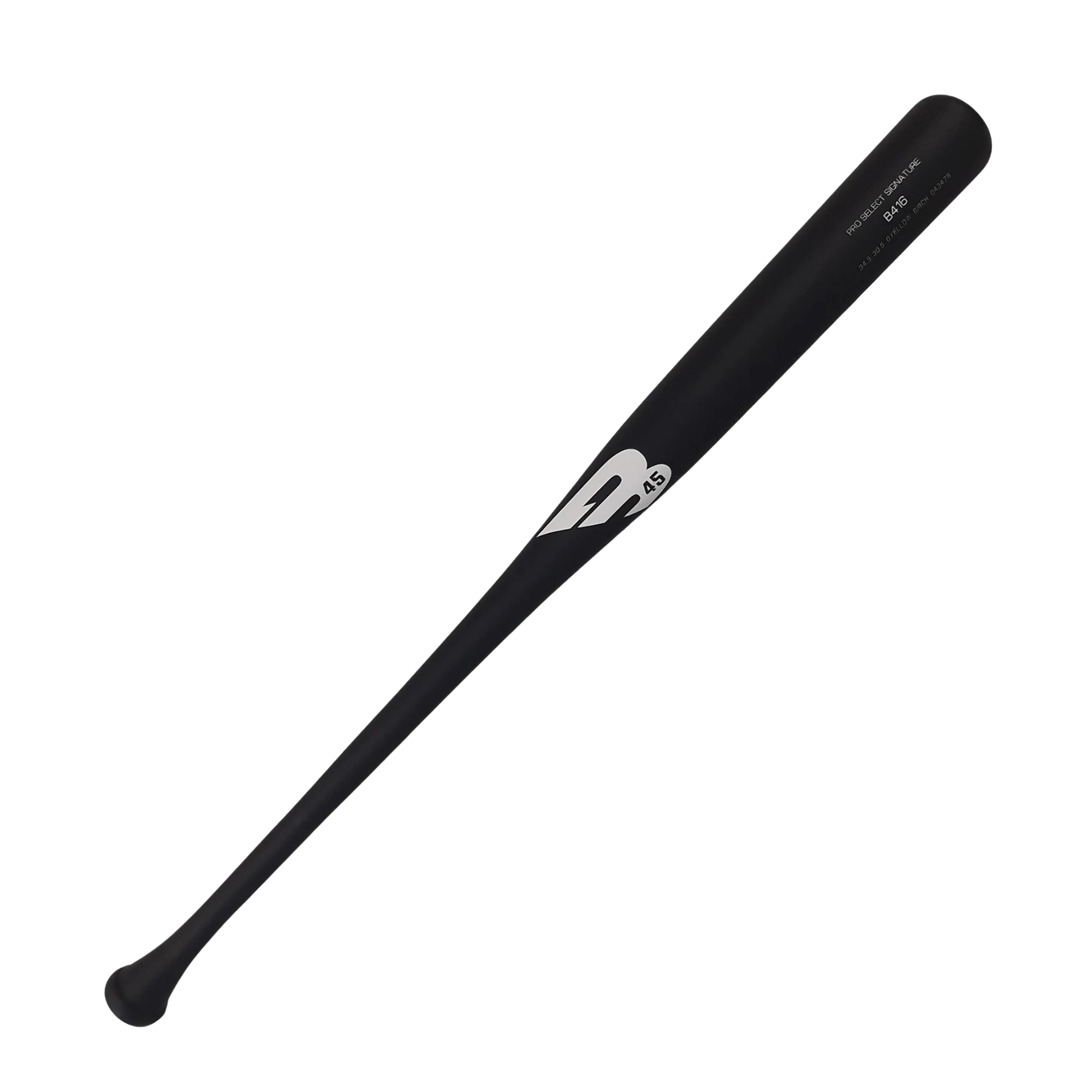 B45 Youth Model B416 Matte Black baseball bat showcasing its big barrel and knobless design for power hitters.