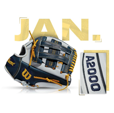 Wilson A2000 PP05 glove designed for January 2017, featuring a navy and white color scheme with gold accents.