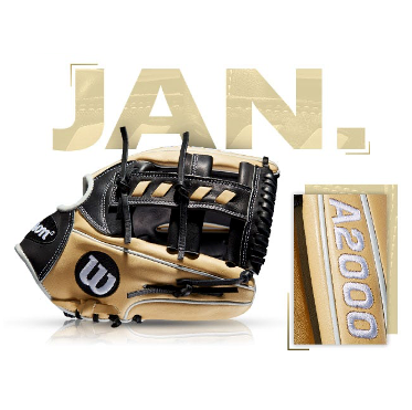 Wilson A2000 1716 glove in gold and black for January 2018 GOTM, featuring fan-designed custom details.