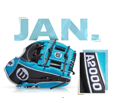 Wilson 100 GOTM January 2020 custom S2000 1787 SS glove in black and turquoise with A2000 branding.