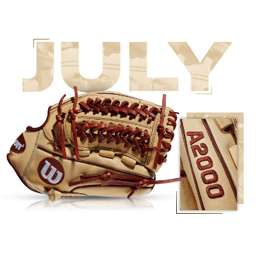 Wilson A2000 D33 baseball glove in tan with red accents, highlighted for July 2015 model launch.