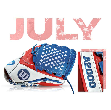 Wilson A2000 glove featuring July 2016 Old Glory design with blue and red colors and star patterns.