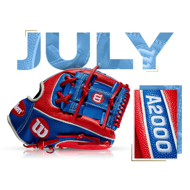 Wilson A2000 1786 SS baseball glove in red and blue with July 2019 custom design, showcasing high-quality craftsmanship.