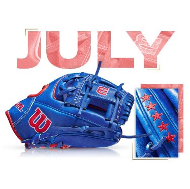 Wilson July 2020 custom A2000 1786 baseball glove in vibrant blue with red accents and star details.