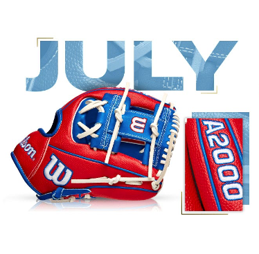 Wilson A2000 1786 SS glove in red and blue, custom designed for July 2021 GoTM edition, showcasing quality craftsmanship.