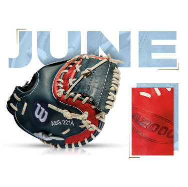 Wilson A2000 GOTM June 2014 catcher's mitt, featuring navy and red design, 32.5 inches, perfect for Home Run Derby.