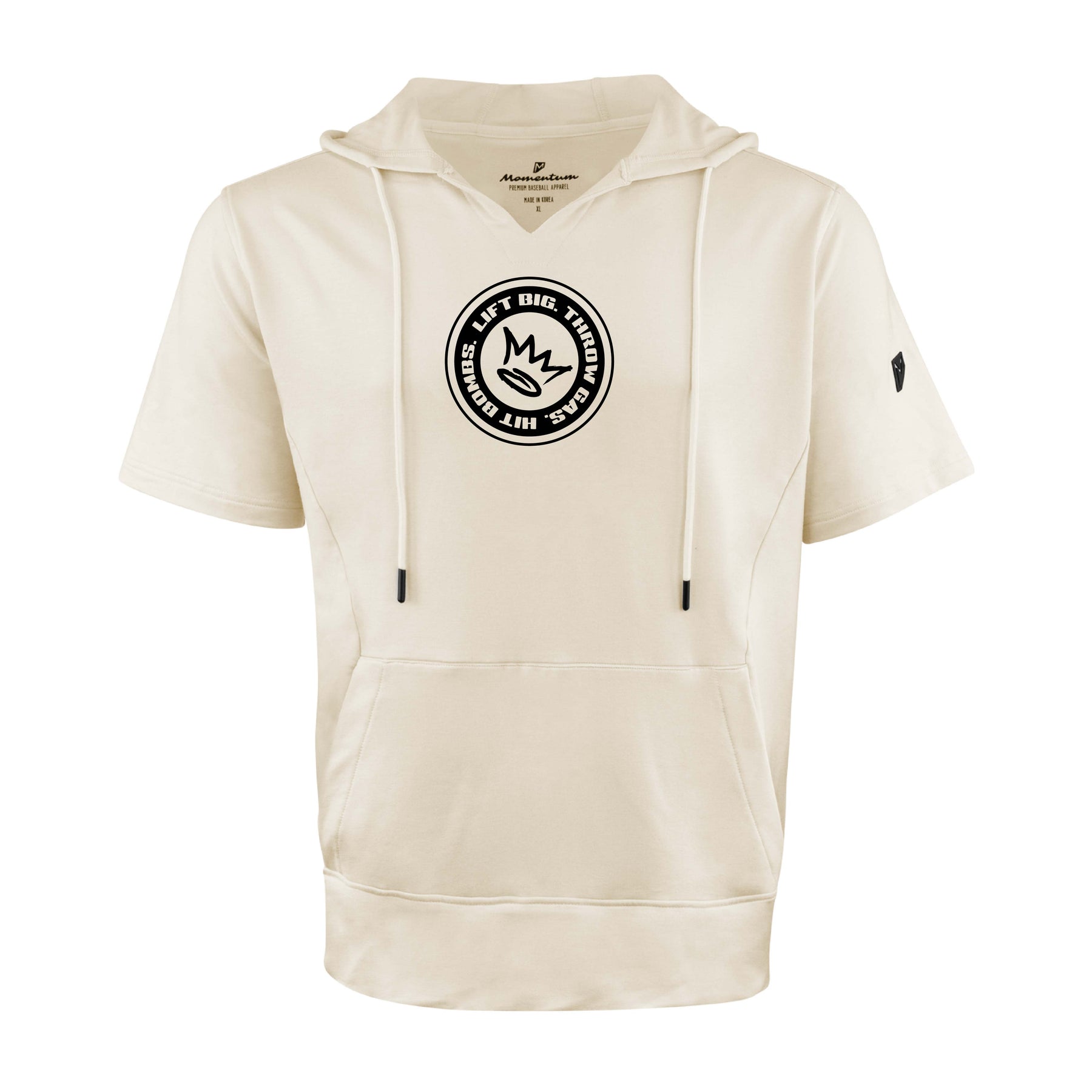 King of Juco Tan short sleeve hoodie featuring a notch-neck design and logo, perfect for casual or athletic wear.