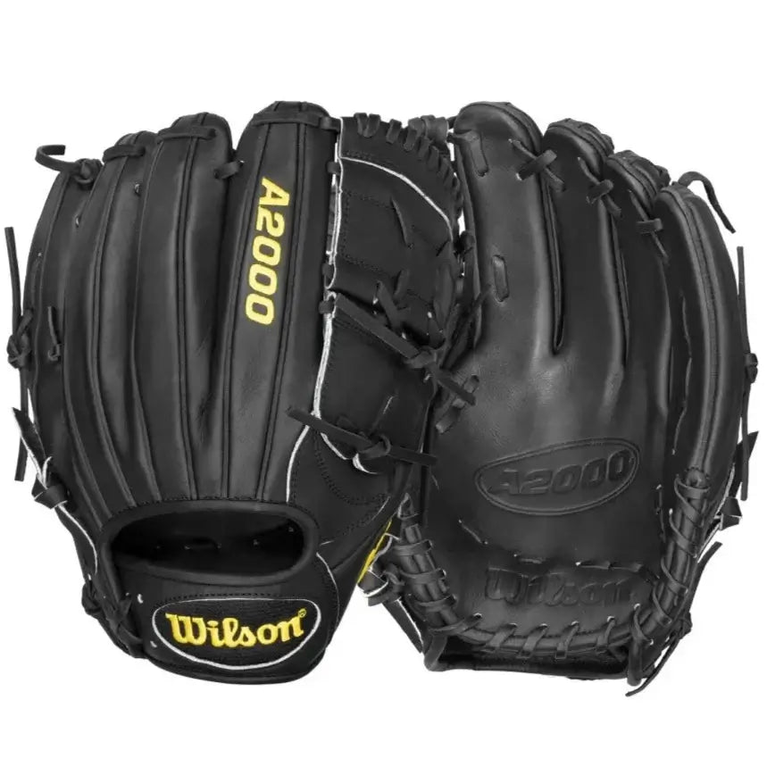 Wilson A2000 CK22 Clayton Kershaw glove in black leather, featuring yellow logo and closed 2-piece web design.