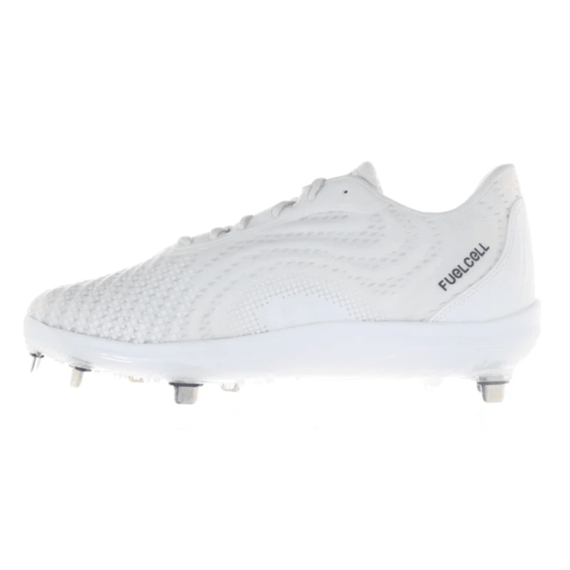 New Balance Fuel Cell 4040v7 Armed Forces Day baseball cleat in white, featuring a sleek design and 7-spike outsole.