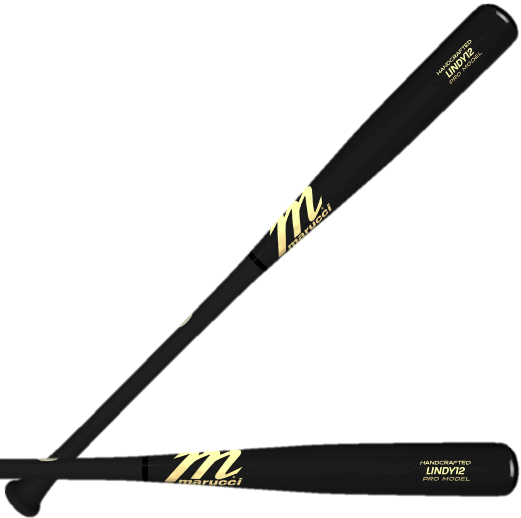 Marucci LINDY12 Pro Model wood bat in matte black with gold detailing, designed for contact and power hitters.