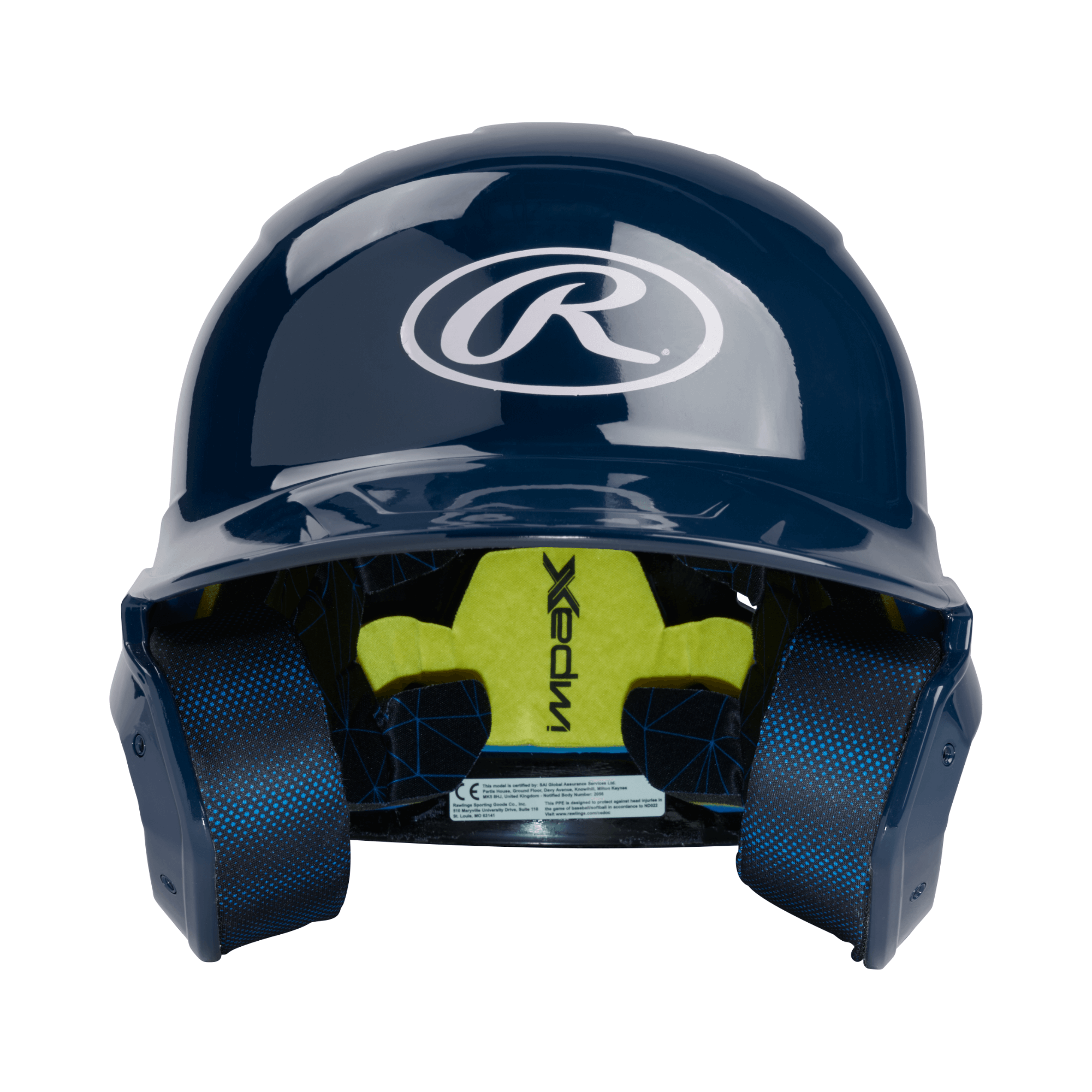 Rawlings Mach Gloss 1-Tone Navy Baseball Helmet with moisture-wicking liner and IMPAX foam for protection.