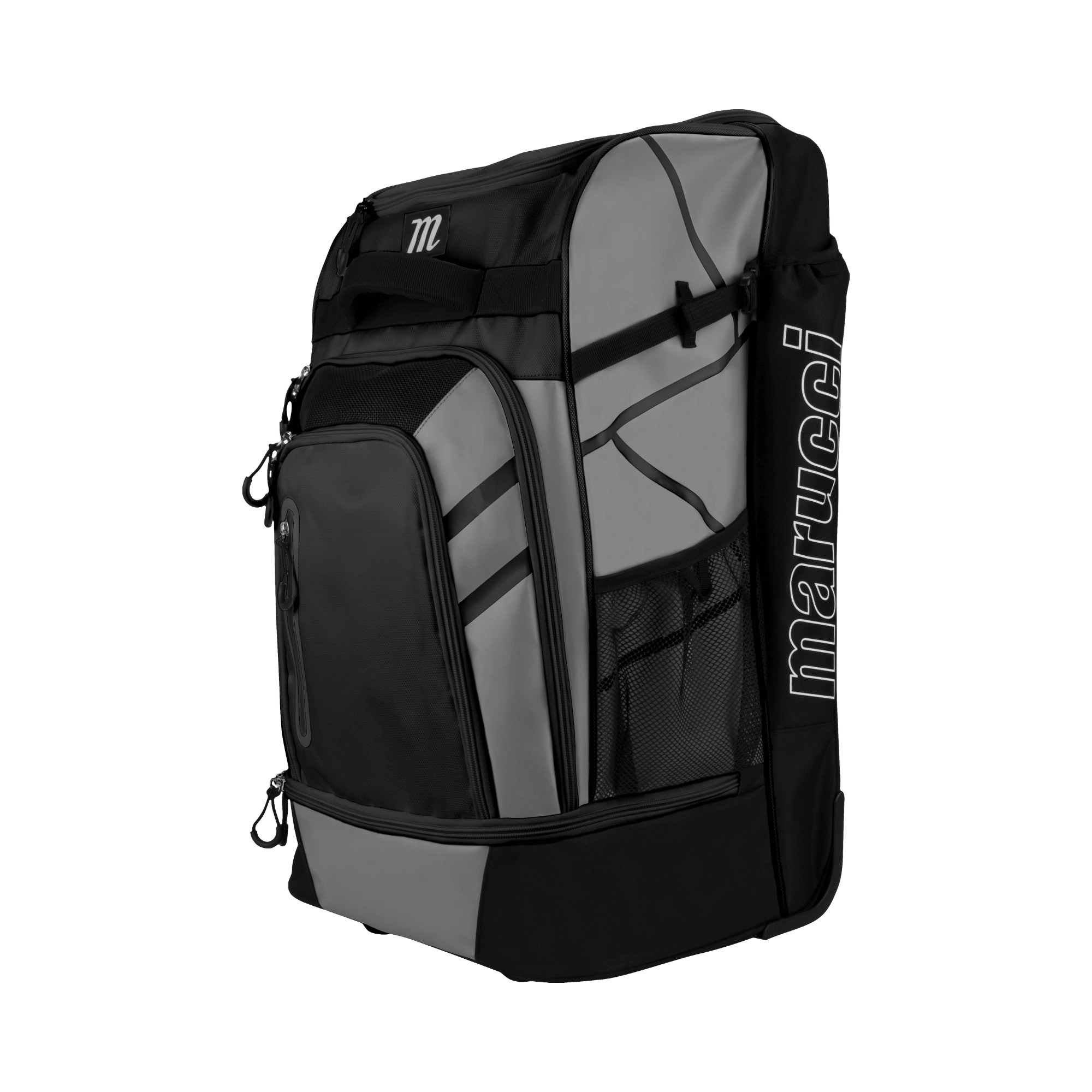 Marucci Convoy Wheeled Bat Pack in black with spacious compartments and durable wheels for easy transport.