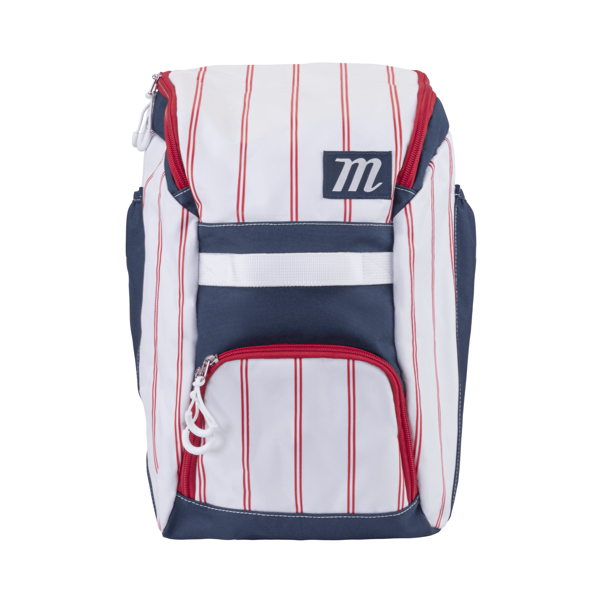 Marucci Foxtrot T-Ball Bat Pack in White, Navy, and Red with top-loading main compartment and side bat holders.