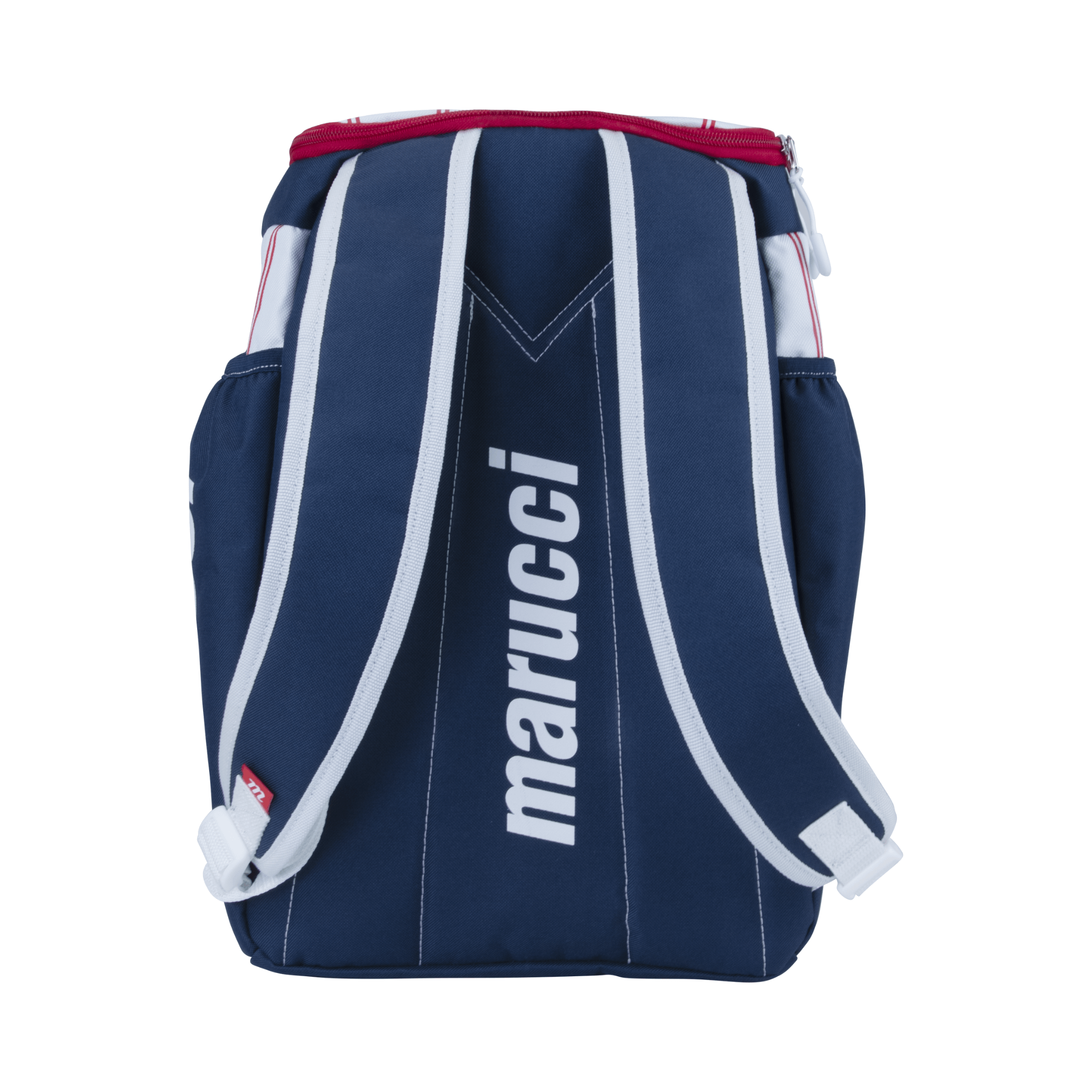 Marucci Foxtrot T-Ball Bat Pack in White, Navy, and Red with top-loading main compartment and side bat holders.