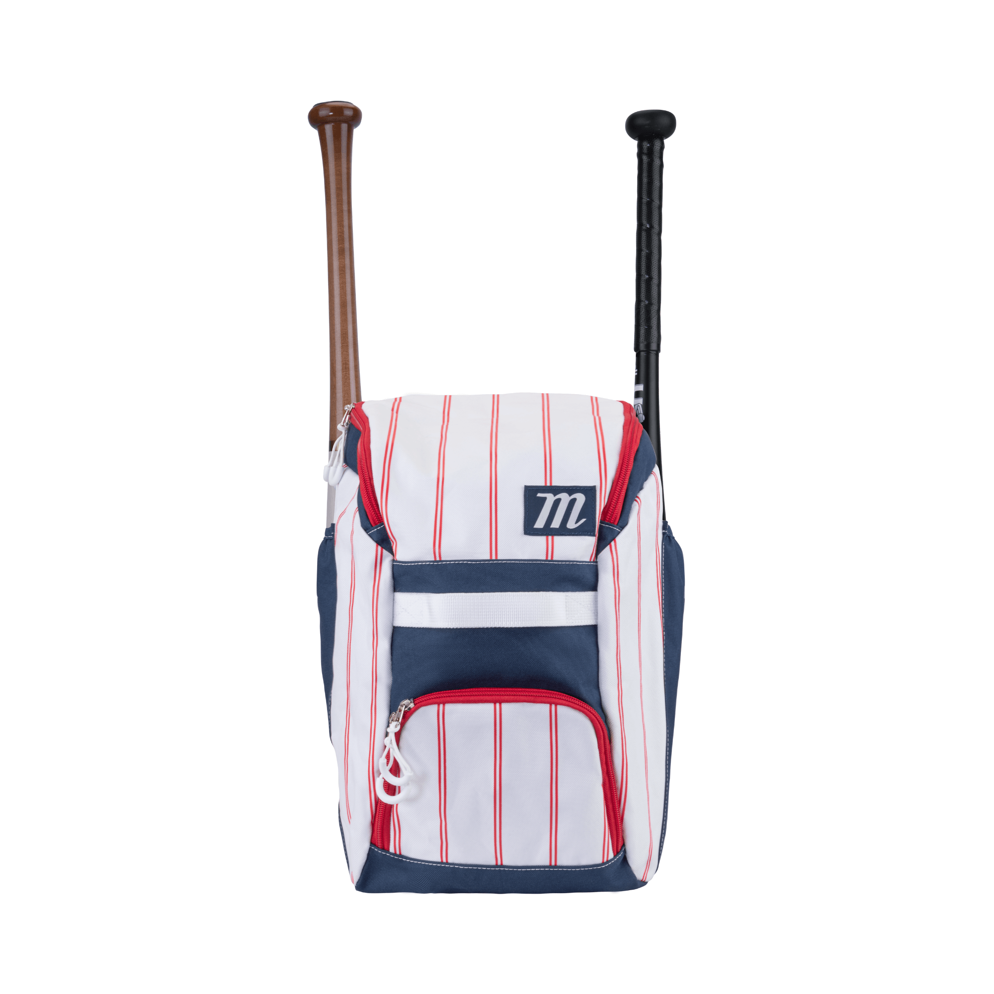 Marucci Foxtrot T-Ball Bat Pack in White, Navy, and Red with top-loading main compartment and side bat holders.