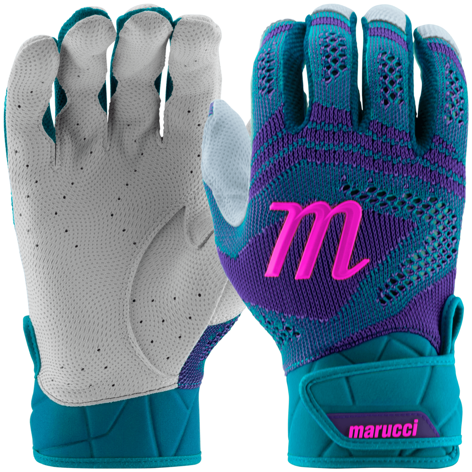 Marucci Breeze Knit V2 Batting Gloves in Columbia Blue and Purple, featuring breathable design and strong grip for optimal performance.