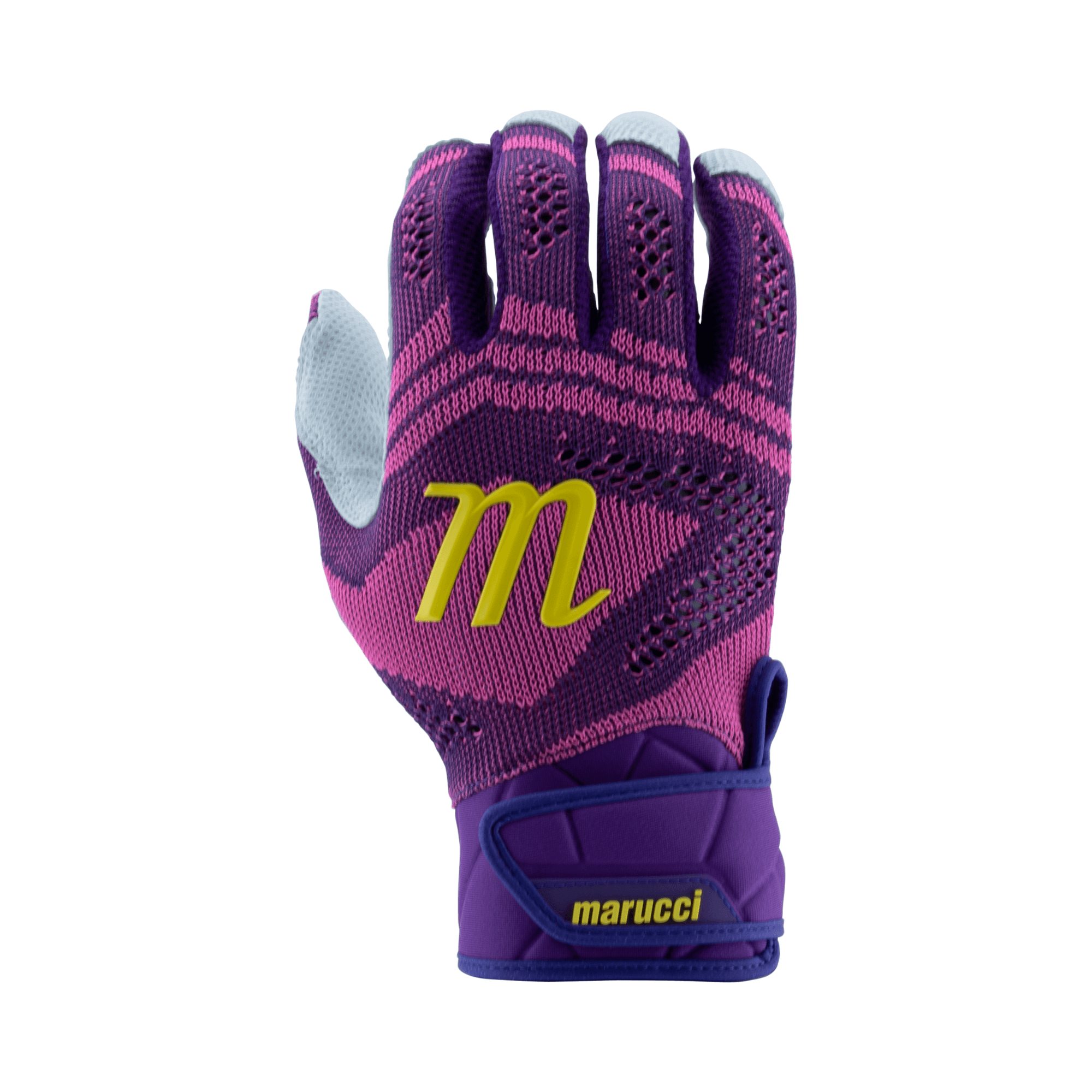 Marucci Breeze Knit V2 batting glove in purple and pink, featuring a knit design and embossed leather palm for superior grip.