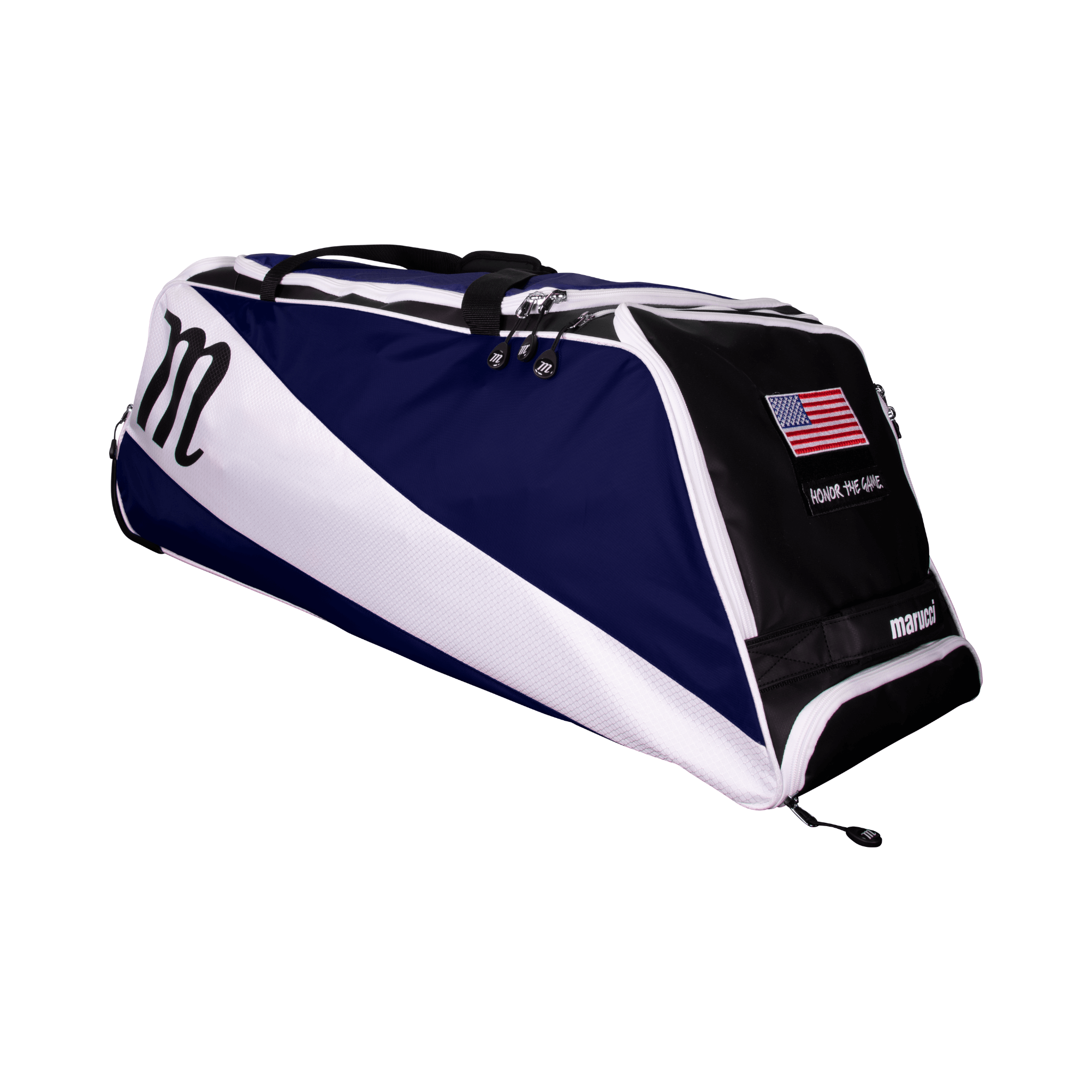 Marucci Wheeled Utility Bag with extra-large main compartment and Honor The Game and USA Flag removable patches.