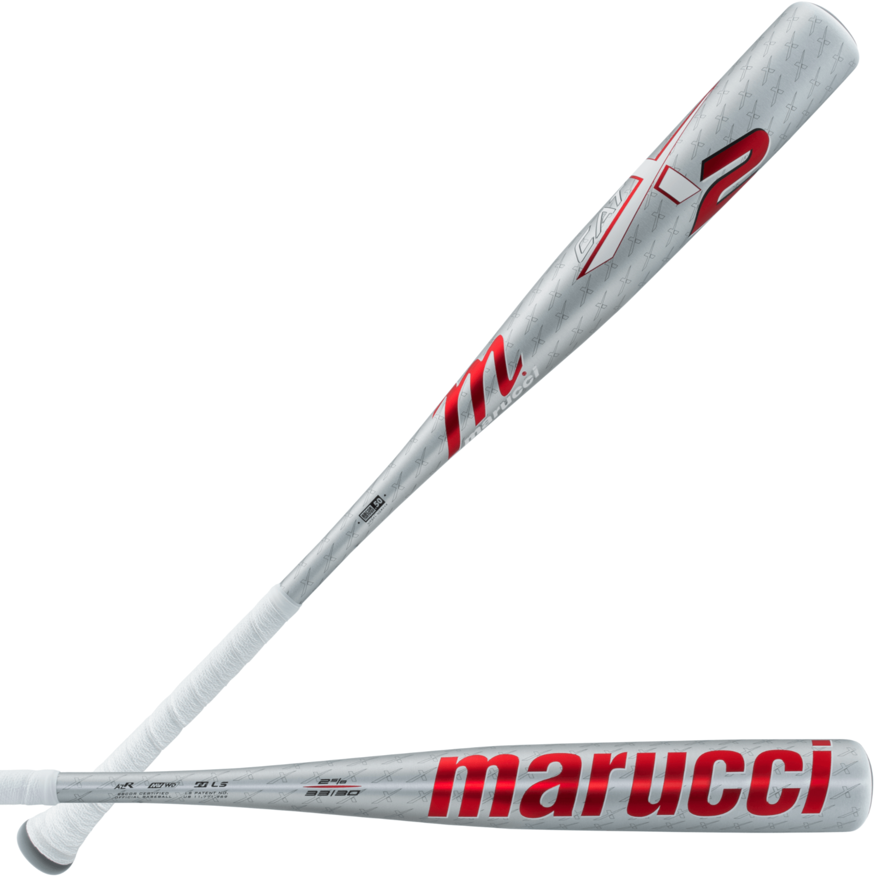 Marucci CATX2 BBCOR baseball bat with anti-vibration technology and multi-variable wall design, sleek silver finish.