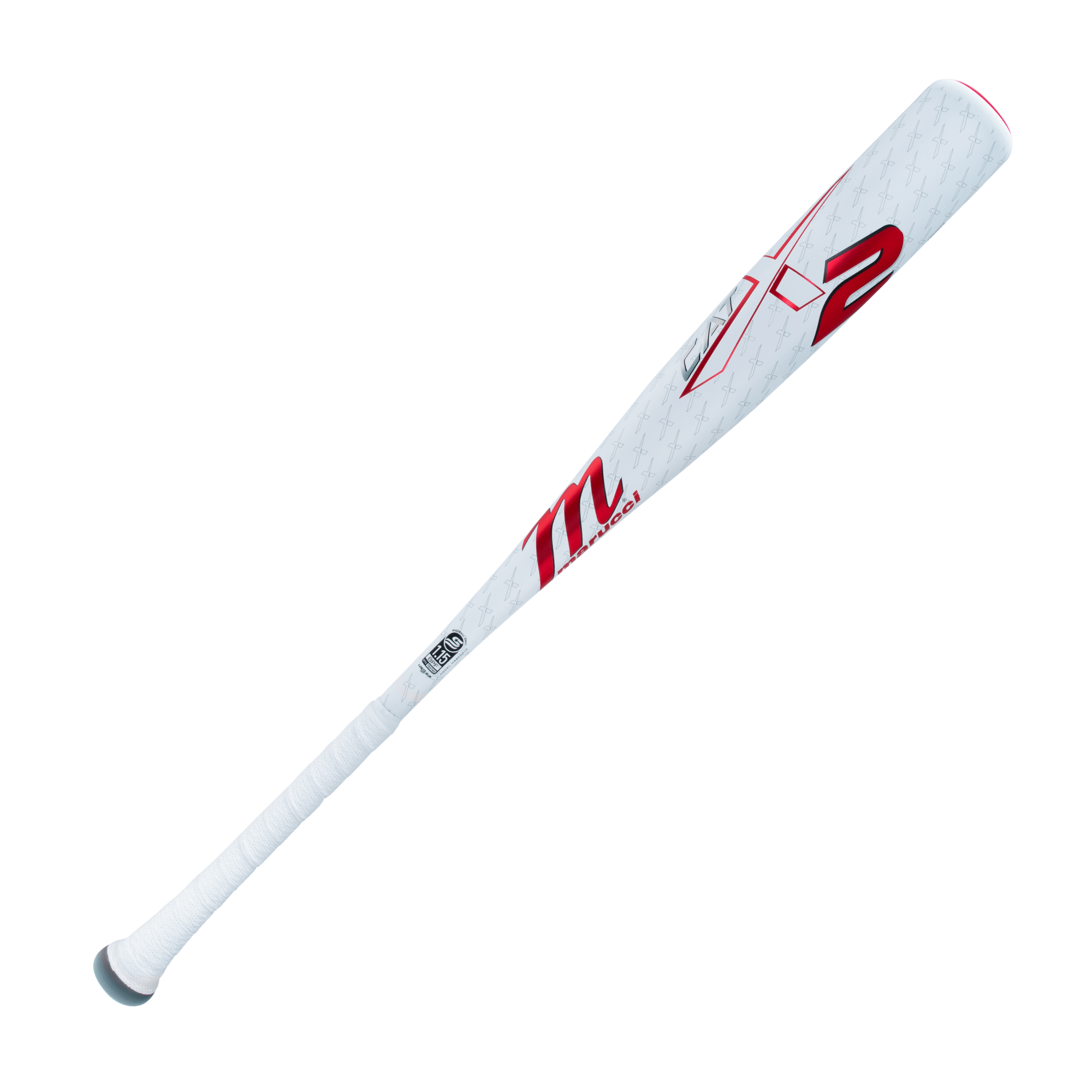 Marucci CATX2 Senior League baseball bat with white and red design, featuring advanced anti-vibration technology.