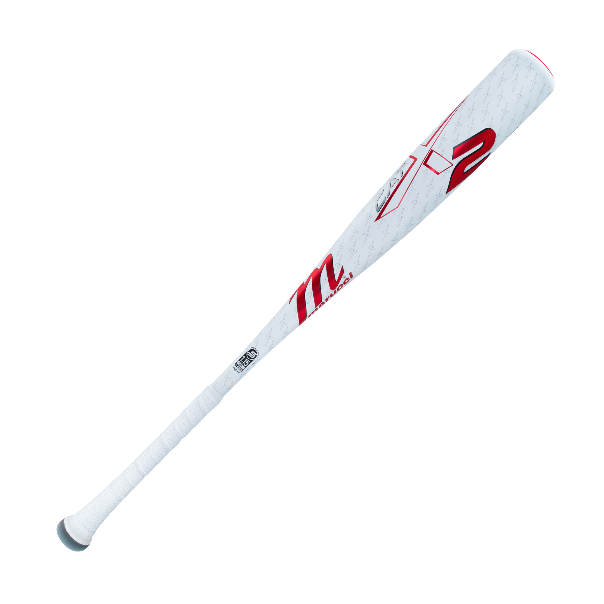 Marucci CATX2 Senior League baseball bat with white and red design for optimal performance and reduced vibrations.