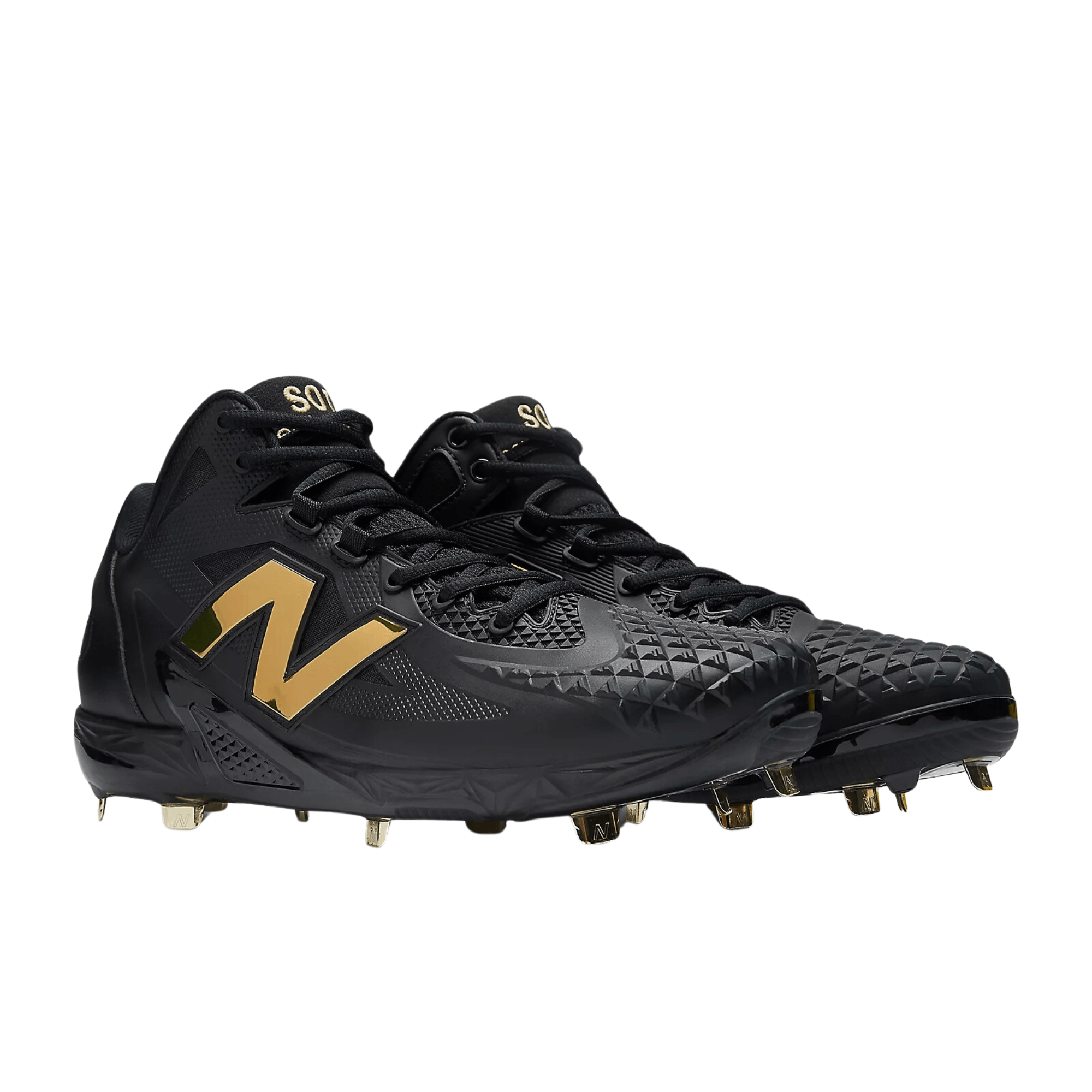 New Balance Shohei Ohtani black baseball cleats with gold accents and durable molded upper for two-way players.