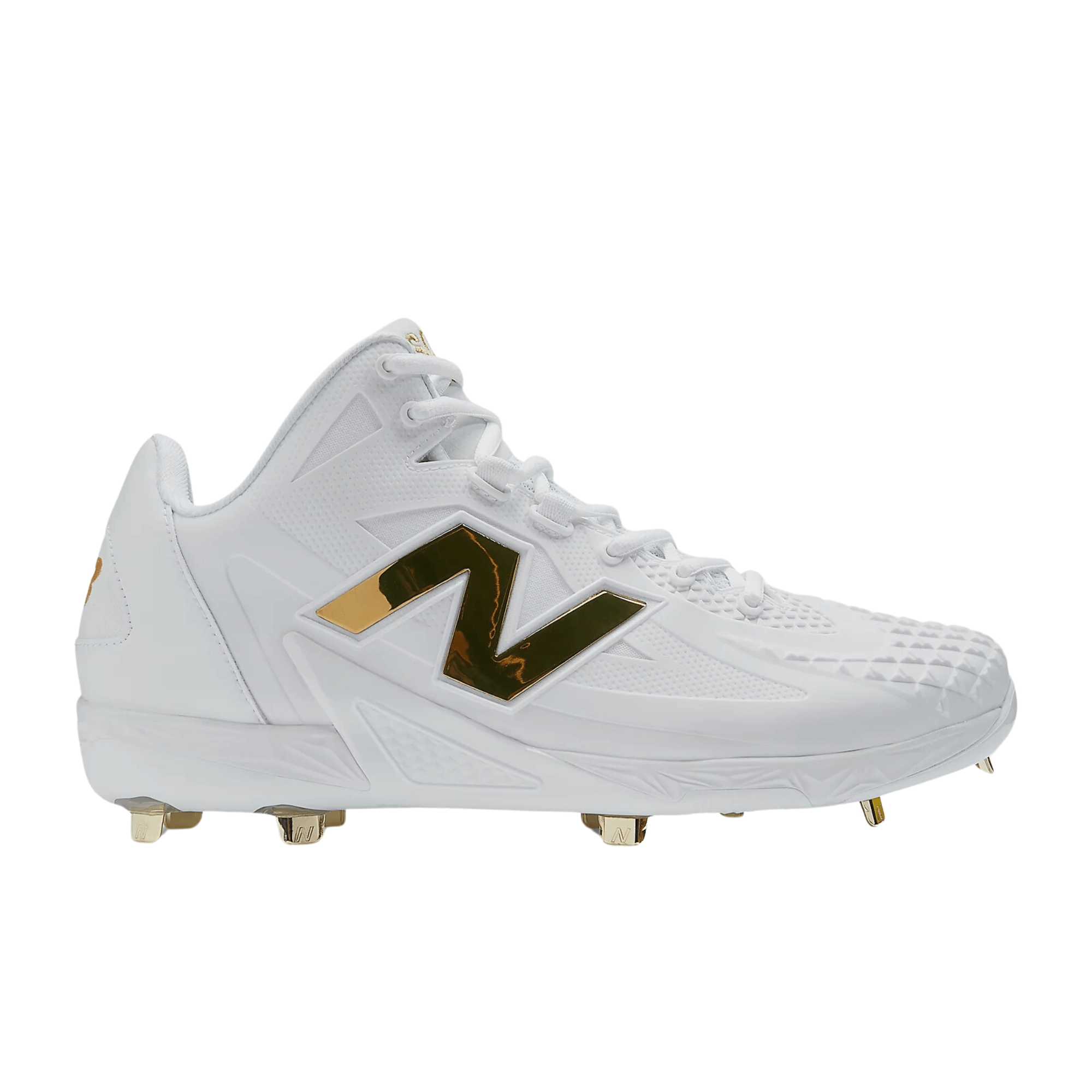 New Balance Shohei Ohtani baseball cleat in white and gold, designed for superior durability and on-field performance.