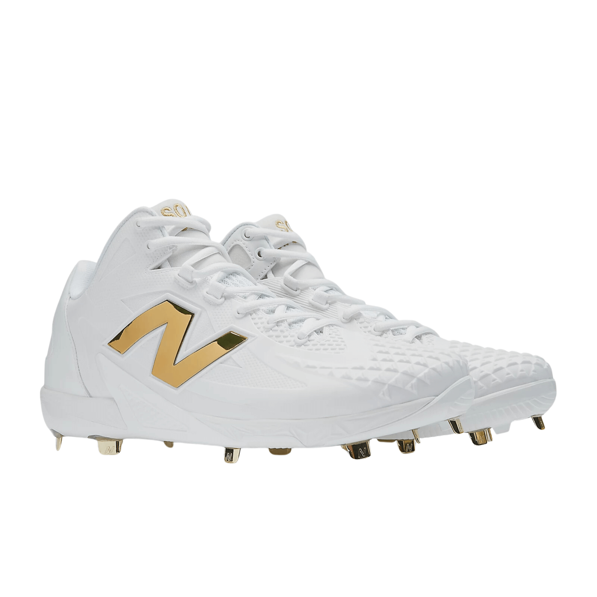 New Balance Shohei Ohtani cleats in white and gold, featuring a molded CPU upper for durability and performance.