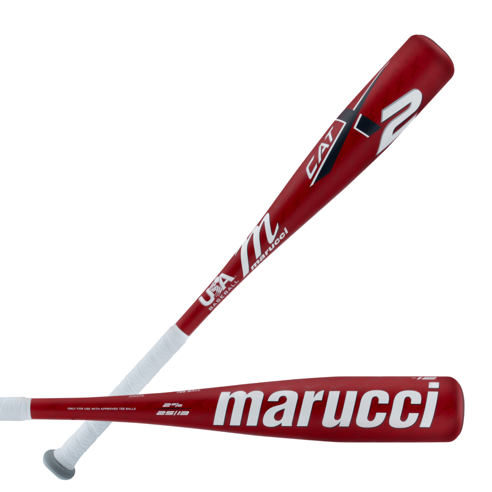 Marucci CATX2 USA Tee Ball bat in red, designed with anti-vibration tech and multi-variable wall for optimal performance.