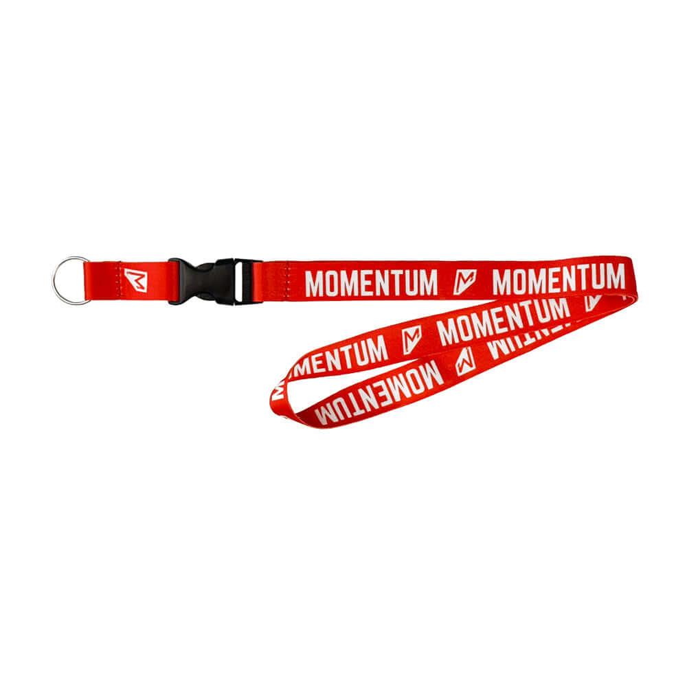 Momentum Lanyard in red with breakaway buckle and keyring, made of 100% dye-sublimated polyester for style and security.