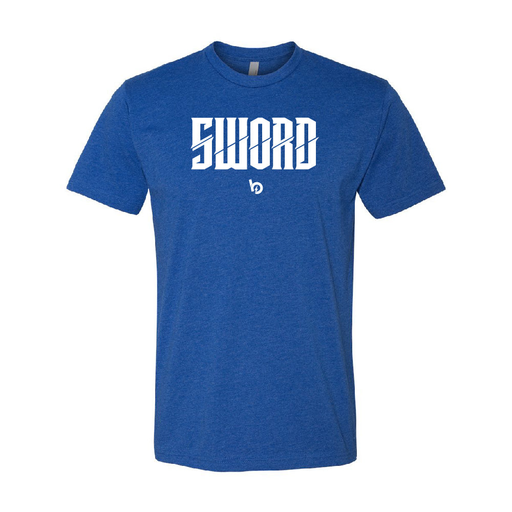 Bauer Outage Sword Logo Tee in blue with bold white 'SWORD' lettering, soft cotton-polyester blend for comfort.