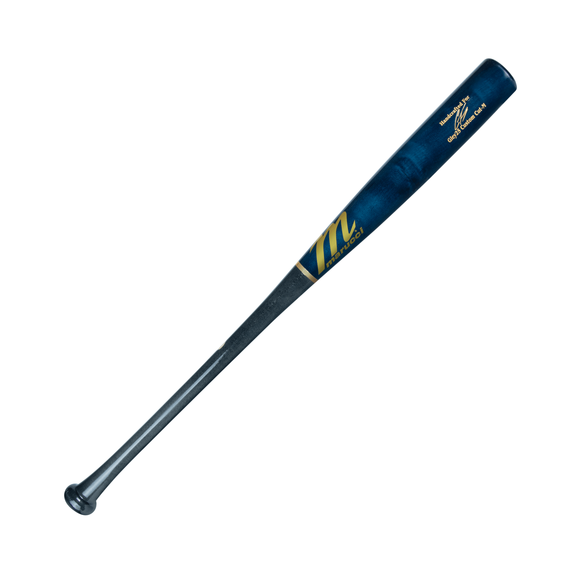 Marucci Gley25 Pro Exclusive Fog/Navy Blue baseball bat with Gleyber Torres' signature, traditional knob, thin handle, and PRO-X finish.