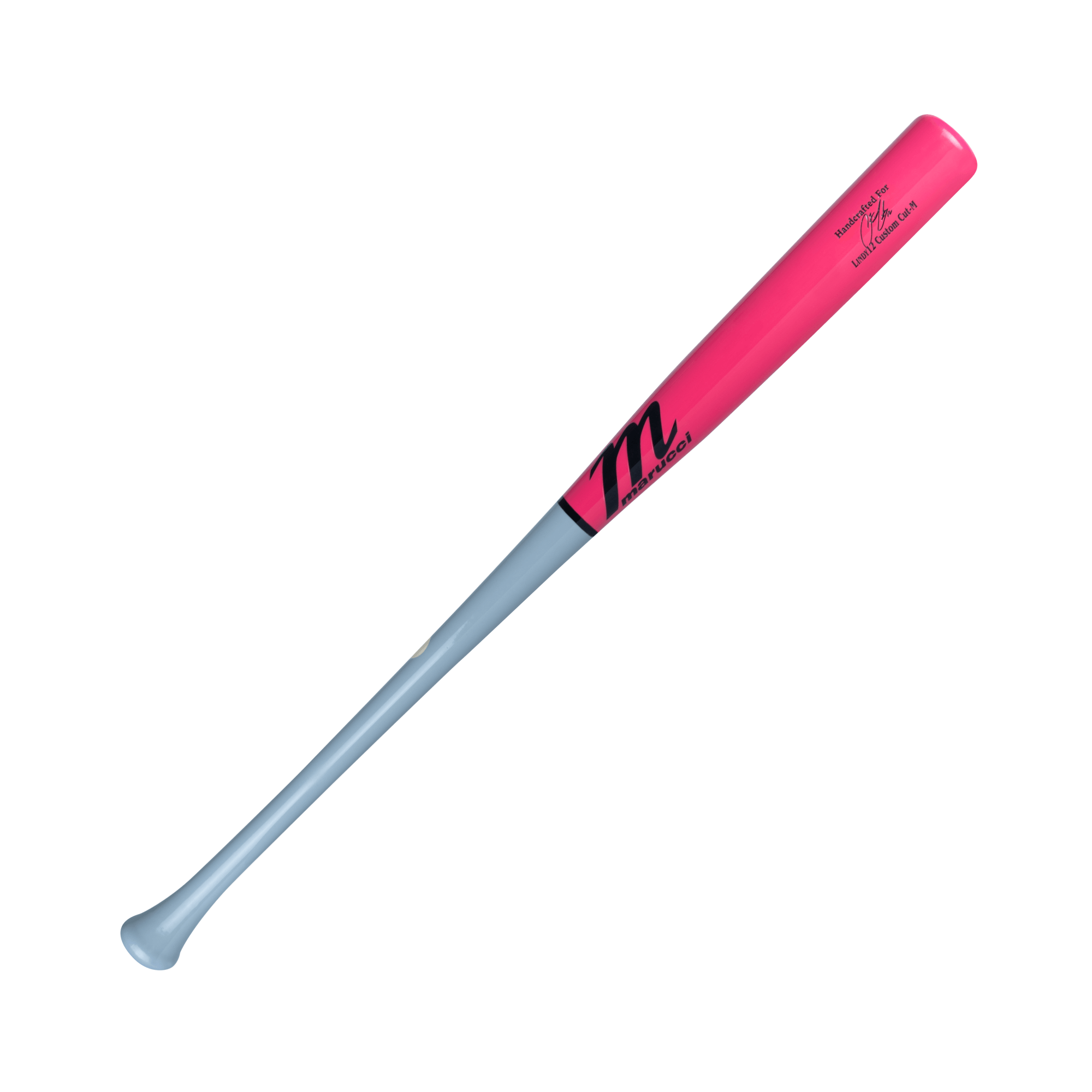 Marucci Lindy12 Pro Exclusive Gunship/Pink wood bat with bell knob, thin handle, and medium barrel for contact and power hitters