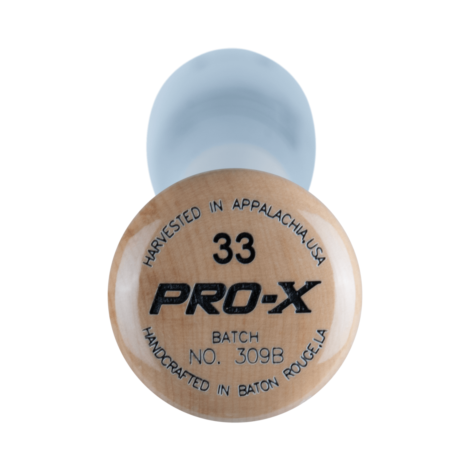 PRO-X wood bat handle featuring a flared knob, handcrafted in Baton Rouge, LA, from Appalachian USA.