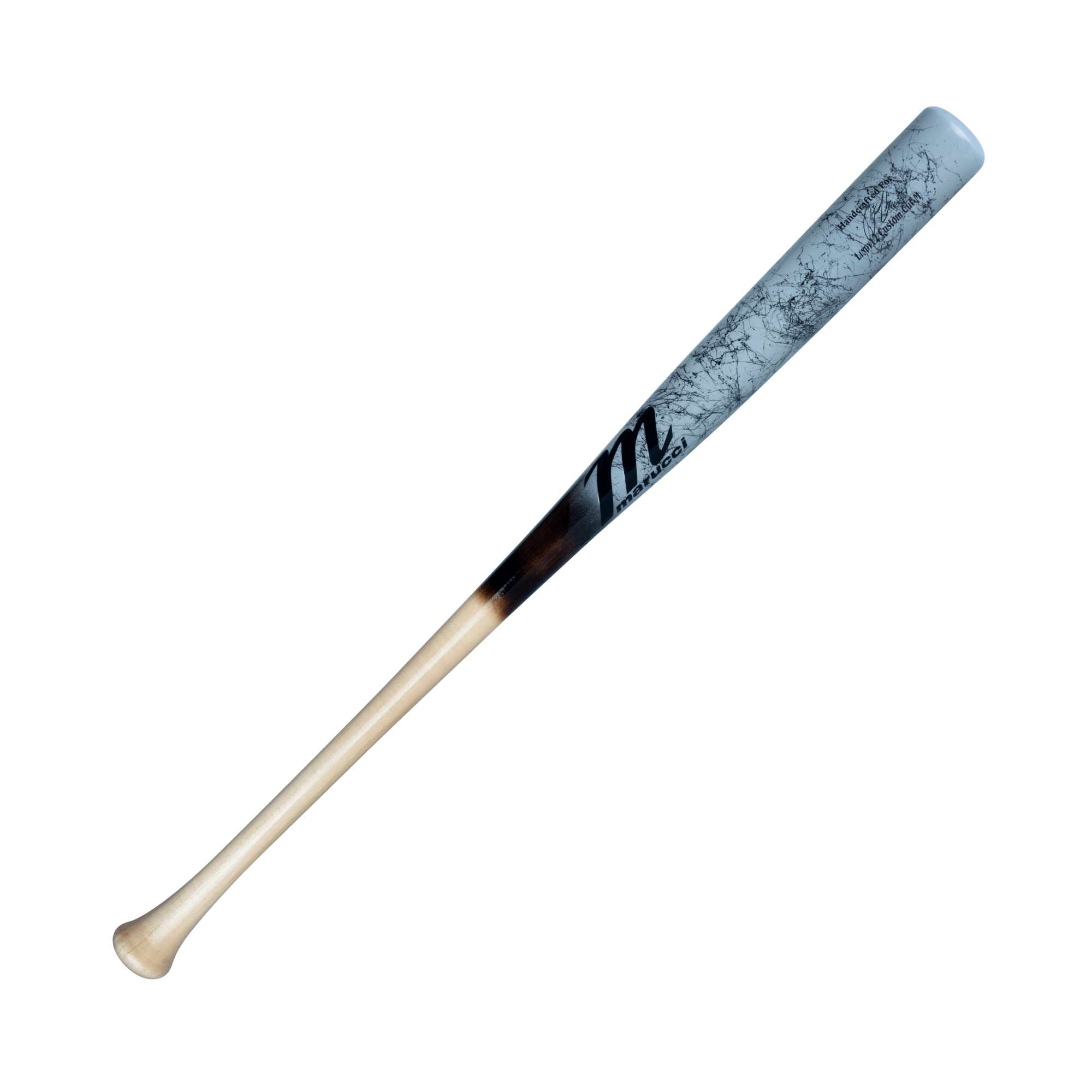 Marucci Lindy12 Pro Exclusive Tar Fade/Rock Marble wood bat with bell knob, thin handle, and medium barrel for power and contact hitters