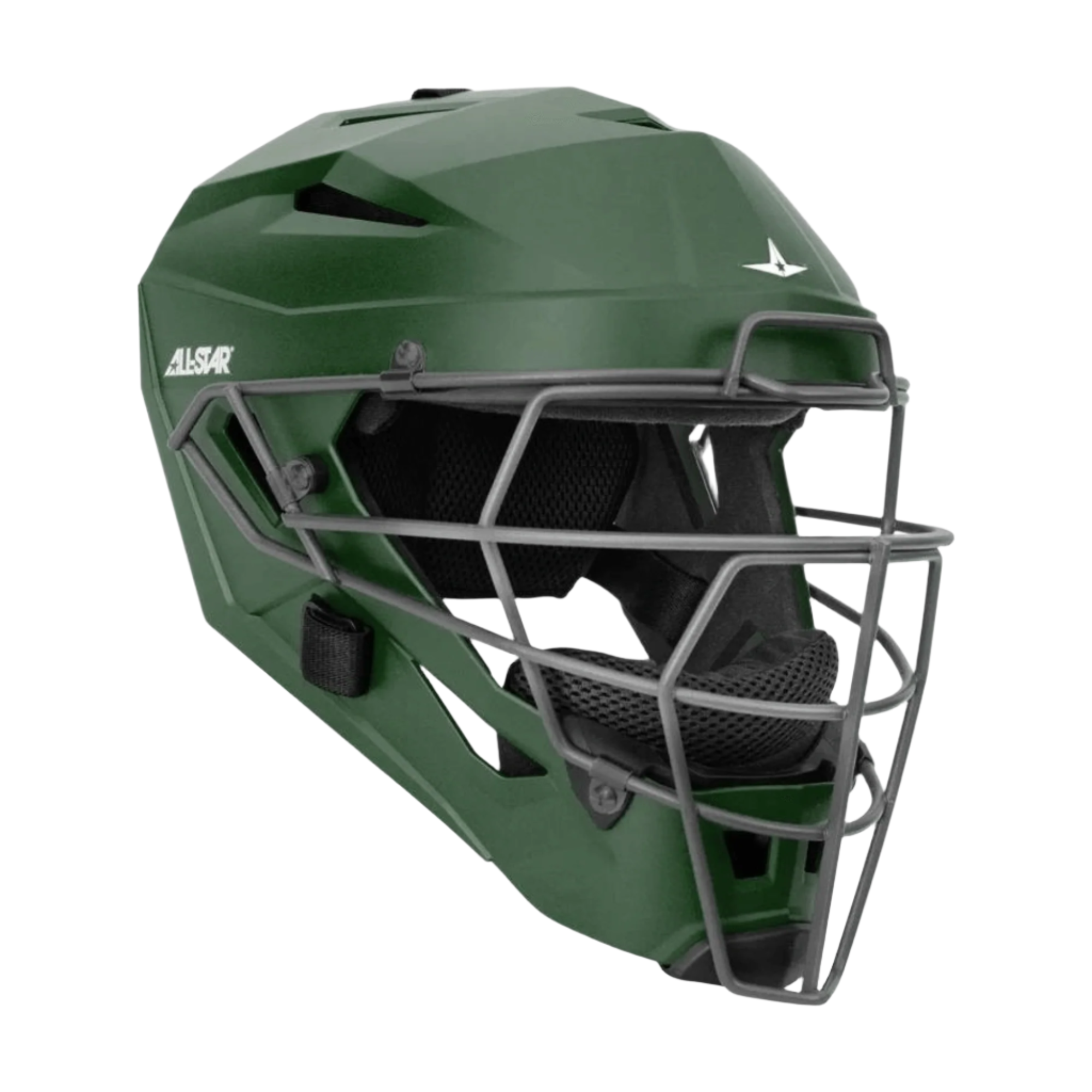 All-Star Adult MVP PRO Catcher's Helmet with Deflexion Tech in matte green finish, featuring NOCSAE certification.