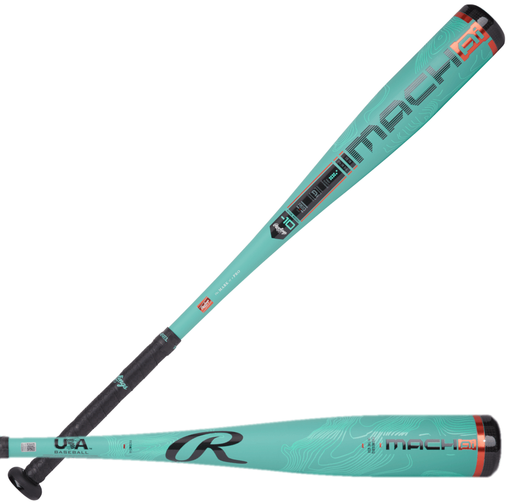 Rawlings Mach AI 2025 -10 USA hybrid baseball bat showcasing its unique design and carbon composite end cap for optimal performance.