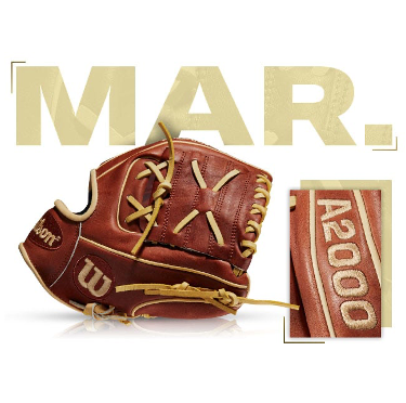 Wilson A2000 GOTM March 2014 vintage brown glove with logo and A2000 detail, ideal for baseball enthusiasts and collectors.