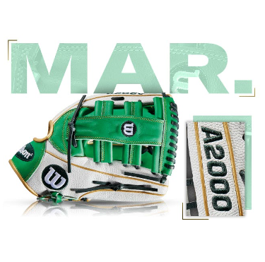 Wilson A2000 SP13 baseball glove in green and white with 'MAR.' graphic, showcasing March 2017 GOTM design.