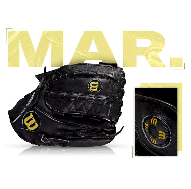 Wilson A2000 GM31 glove with black leather and gold accents, celebrating Greg Maddux's March 2018 throwback edition.