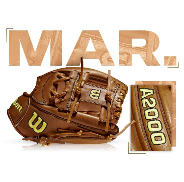 Wilson 100 GOTM March 2021 Custom A2000 1781 baseball glove featuring rich brown leather and vibrant A2000 detailing.